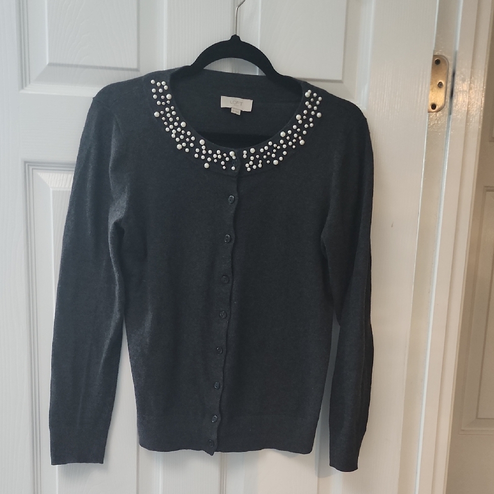 LOFT Charcoal Cardigan with Pearl Accents And Tank